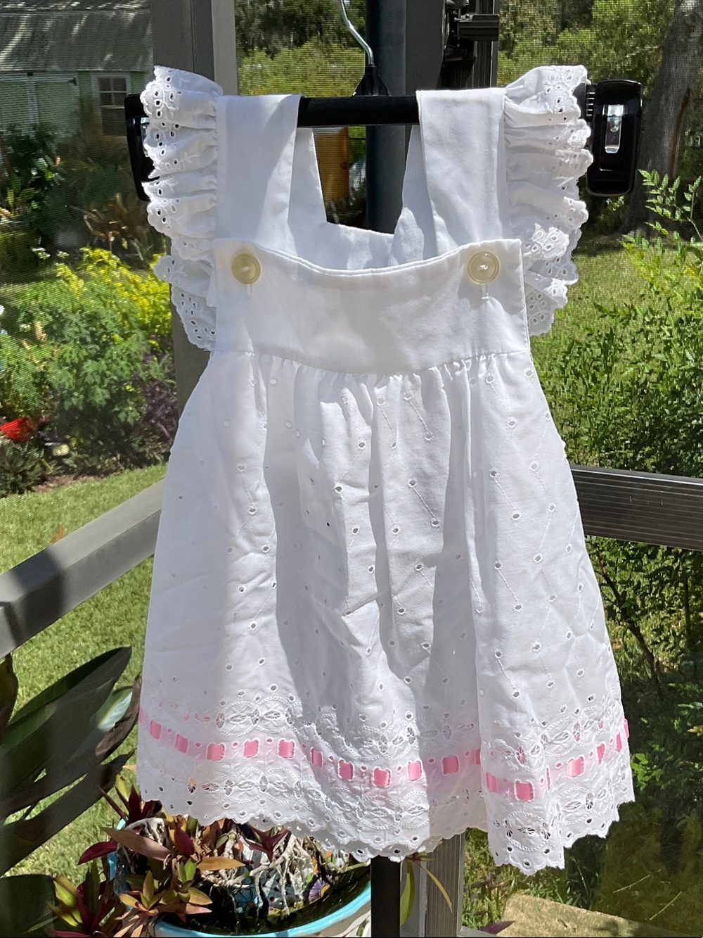 White Eyelet Girls' Dress Apron with Pink Ribbon Trim
